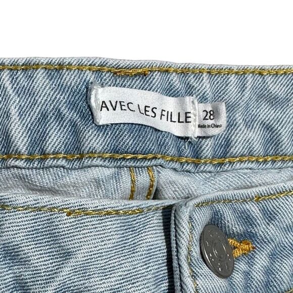Avec Les Filles Split Hem Jeans High Rise Straight Leg Light Wash Distressed Siz - Picture 6 of 9